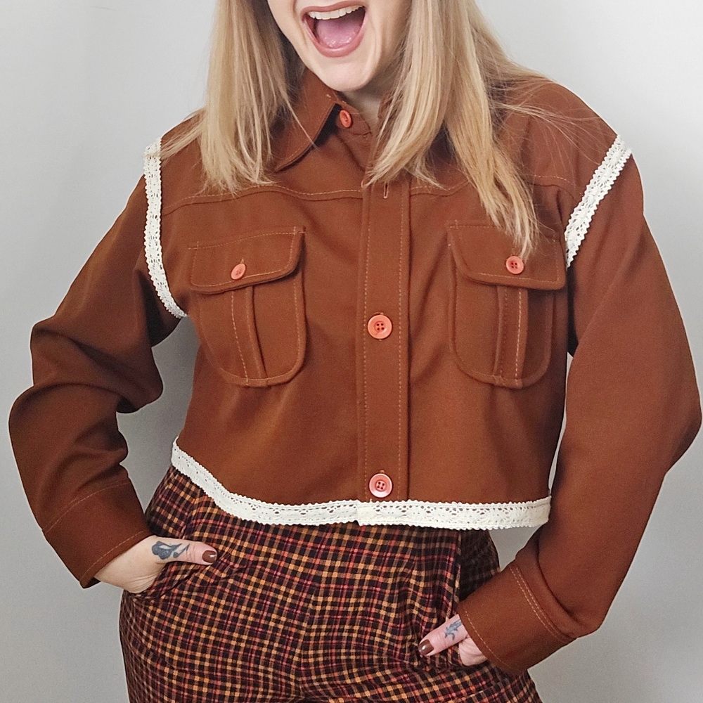 Refashioned Vintage Boho Utility Jacket with Contrast Lace Trim (L)